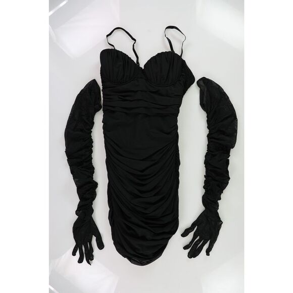 GUESS Womens Ruched, With Gloves Mini Dress, Black, NWT